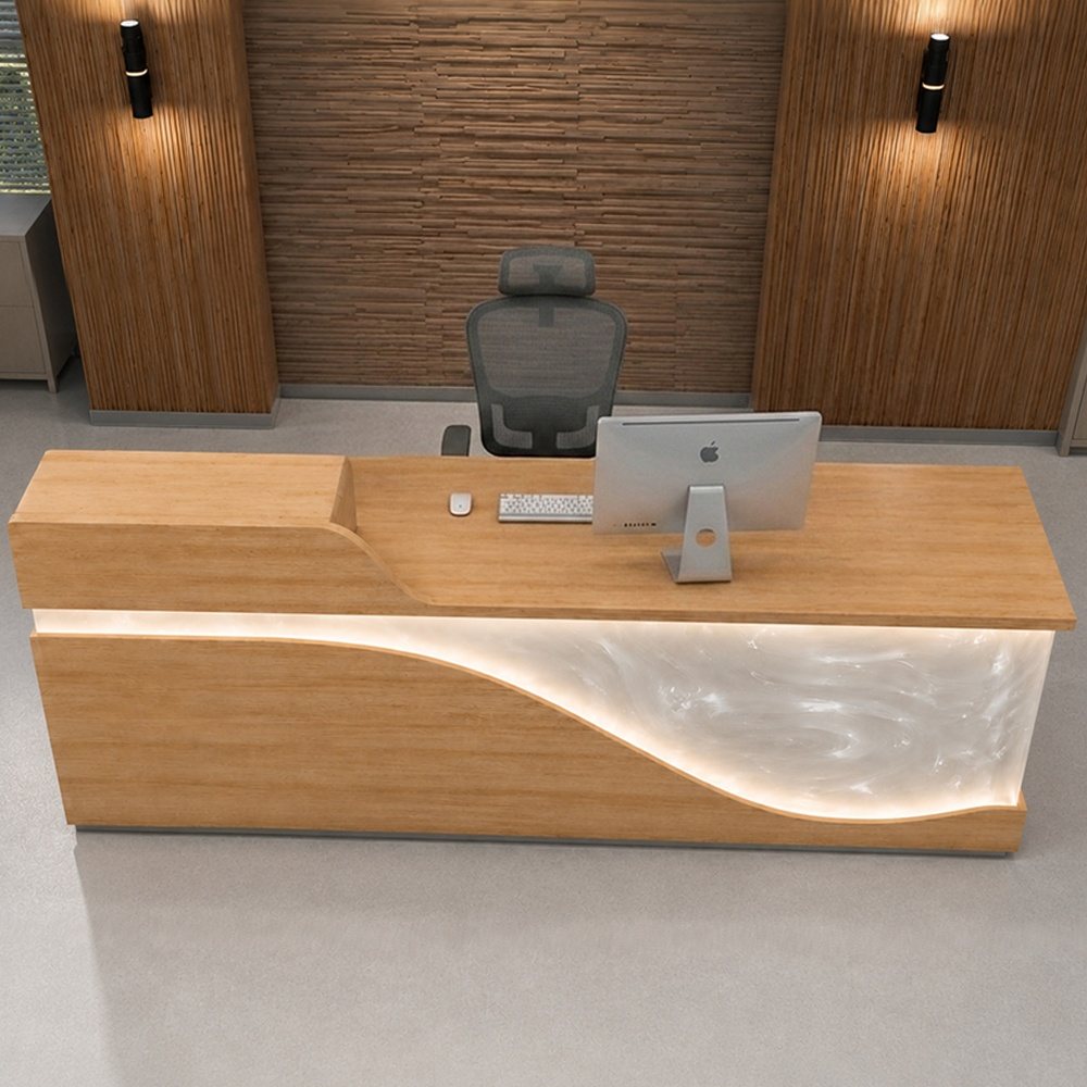 Modern ash reception counter with white epoxy detail for offices, clinics, and boutique spaces
