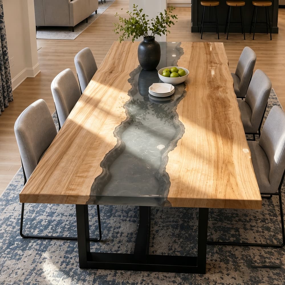 Large live edge ash wood dining table with a semi-translucent smoky gray epoxy river in a bright minimalist open-concept home