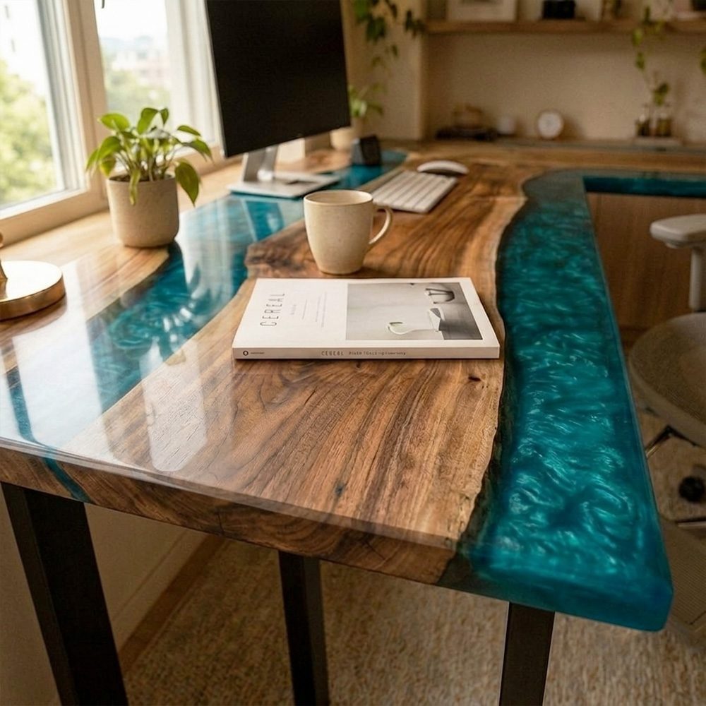 Aesthetic walnut and turquoise resin computer desk styled with lush indoor hanging plants and warm accent shelf lighting