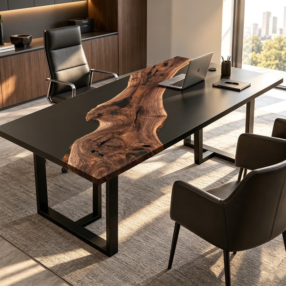 Modern black walnut epoxy executive desk designed for a sophisticated private office or contemporary workspace.