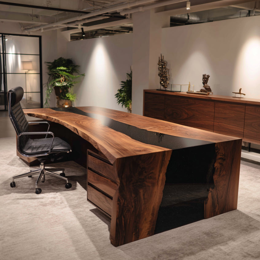 Modern office setup with a large wooden desk and chair in a well-lit room.