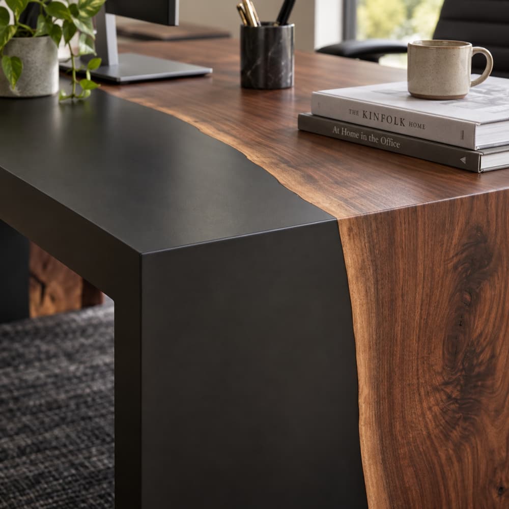 Custom resin office desk styled for a sophisticated modern professional workspace