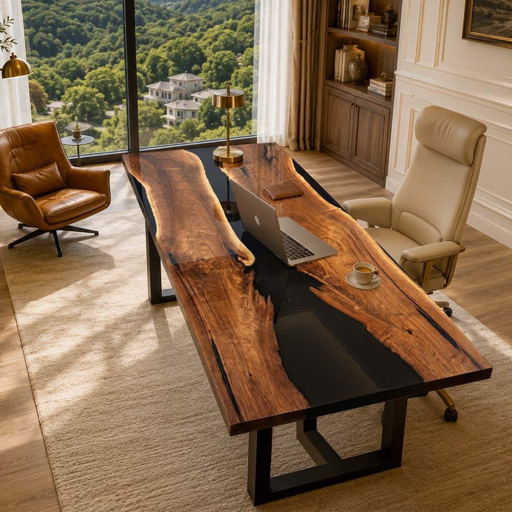 Sophisticated live edge black walnut home office desk with view