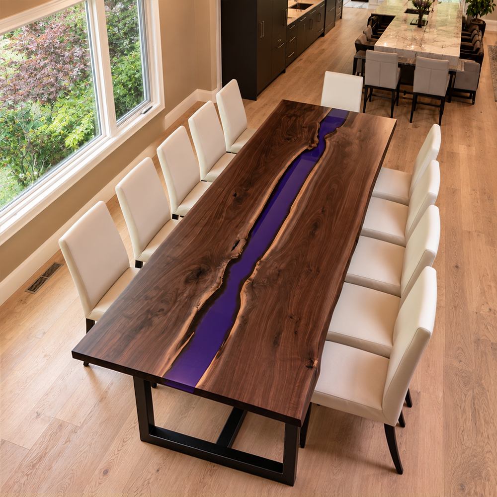 Modern Black Walnut river dining table with a deep purple epoxy channel for residential interiors