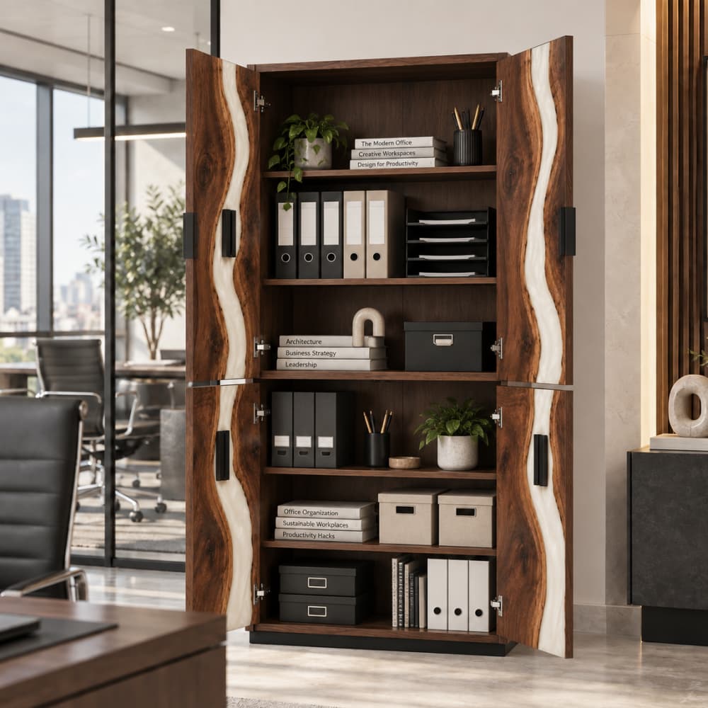 Modern Black Walnut and white resin office cabinet designed for executive offices and private workspaces