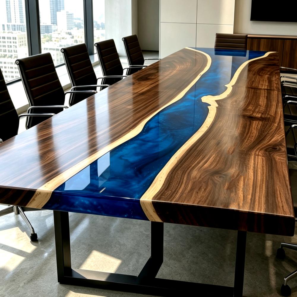 Modern conference table with blue epoxy resin and solid Black Walnut for a contemporary office setting.
