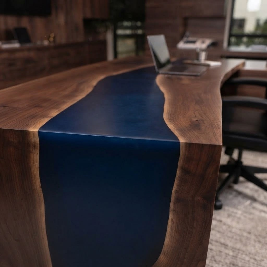 Modern blue epoxy waterfall desk with natural black walnut wood grain and substantial solid wood sides