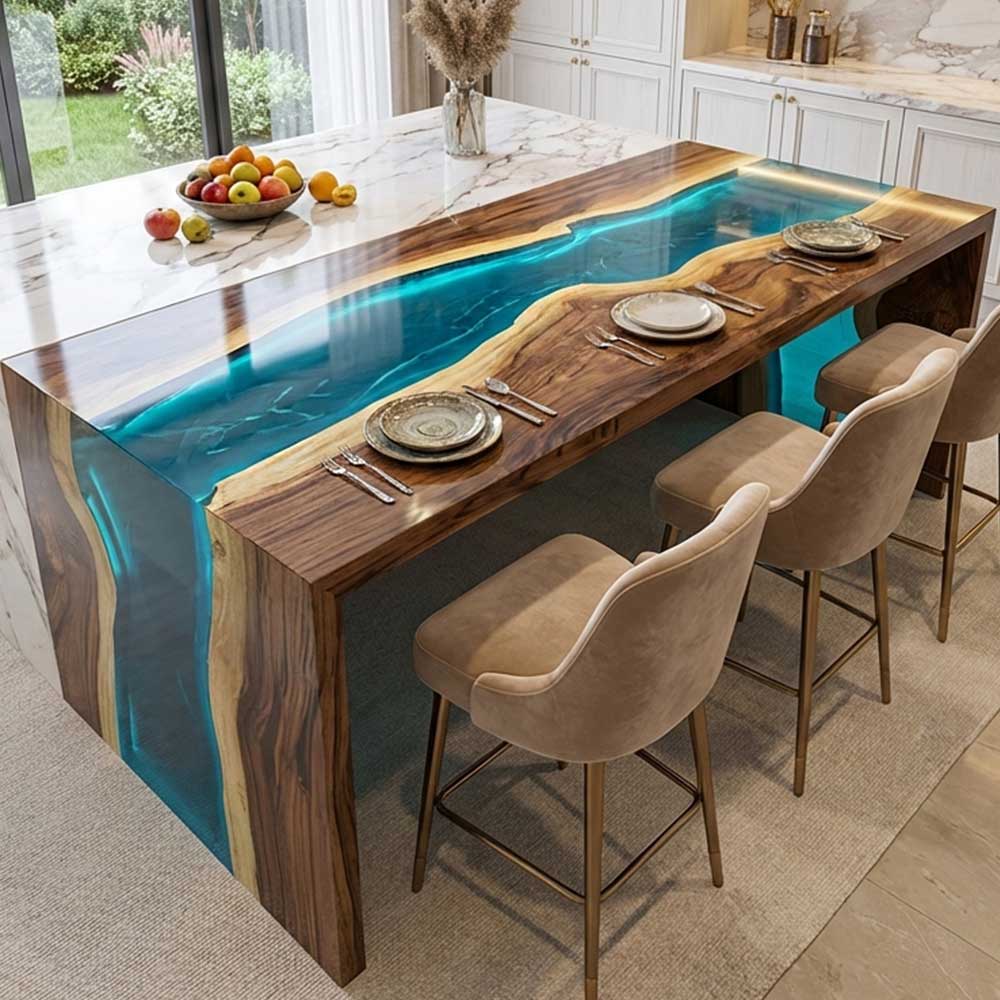Modern waterfall dining table with black walnut wood and transparent blue epoxy resin