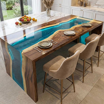 Modern waterfall dining table with black walnut wood and transparent blue epoxy resin