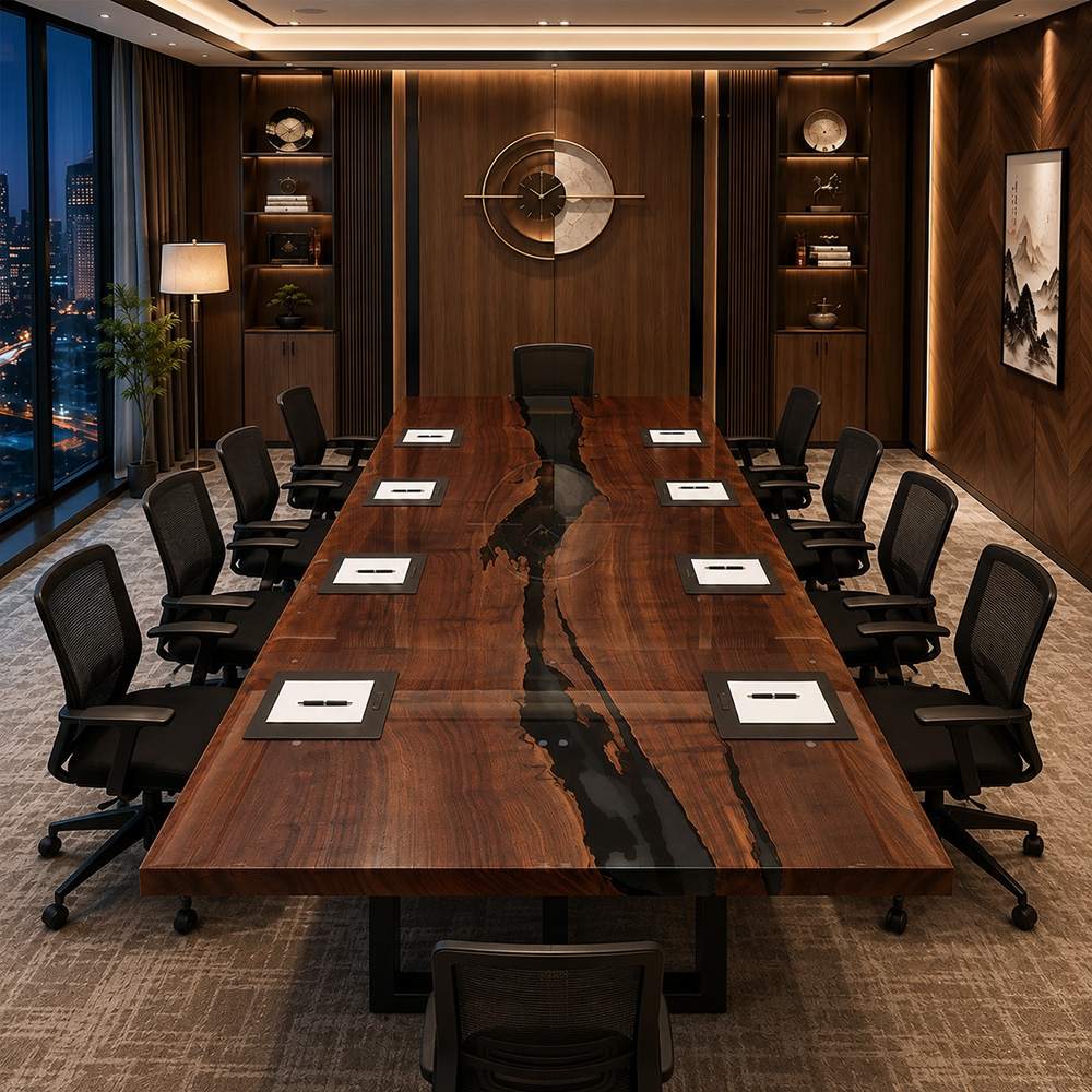 High-end matte finish solid wood and glossy epoxy resin executive office furniture handmade by LuxCraftWood