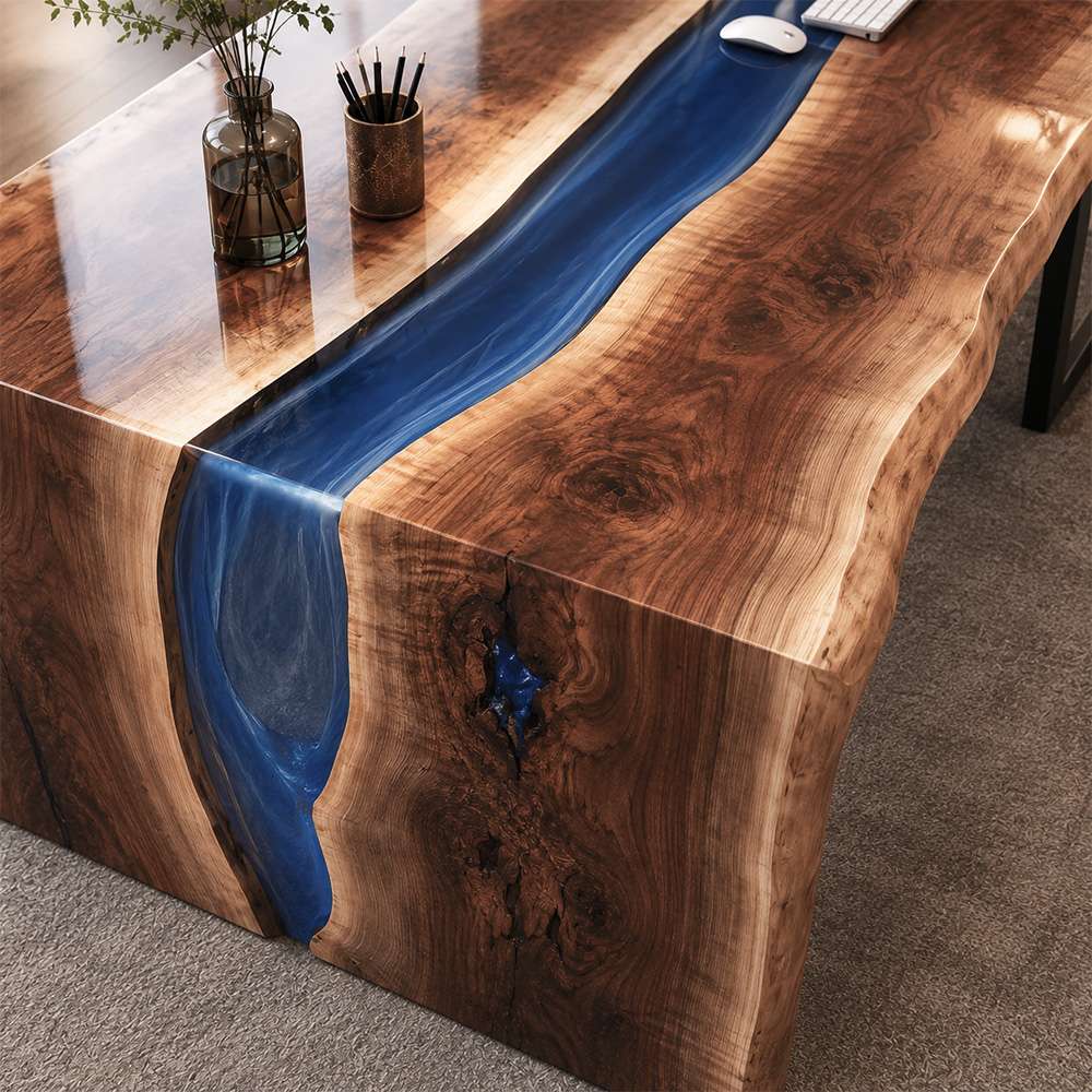 Impressive CEO office setup featuring a bespoke blue epoxy river desk