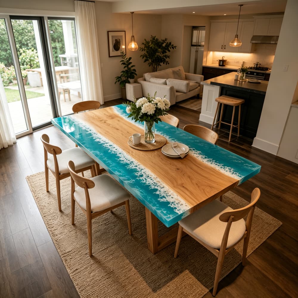Long-form northern ash resin dining table adorned with a white flower vase, flanked by six contemporary wooden chairs with cream cushions