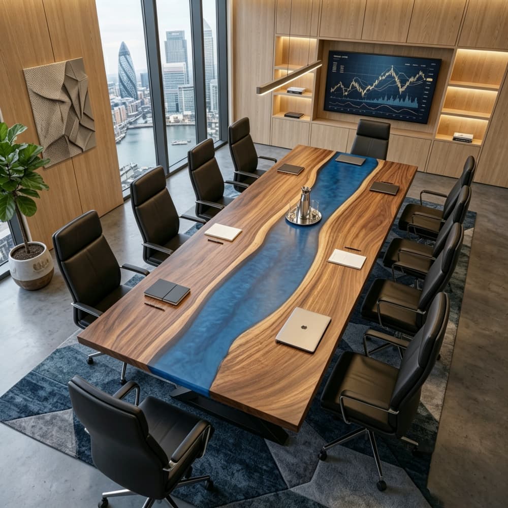 Luxury high-rise corporate boardroom featuring a large custom live edge wood blue swirl resin river table with black leather chairs