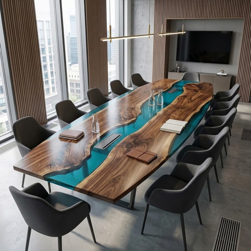 Full room presentation showing a custom blue river table surrounded by sleek dark gray corporate conference chairs next to a large window overlooking the city
