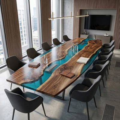 Boat-Shaped Black Walnut Conference Table & Transparent Lake Blue Resin River | CT-35