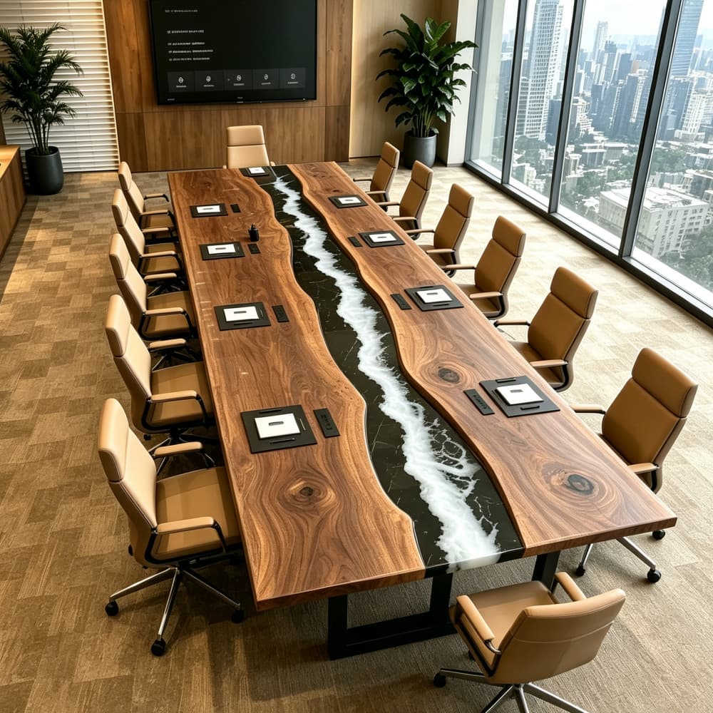 Oversized custom live edge wood and resin river corporate meeting table inside a luxury high-rise office conference room with a city view