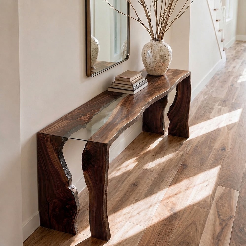 Black walnut epoxy console table with transparent resin designed for a modern home entryway