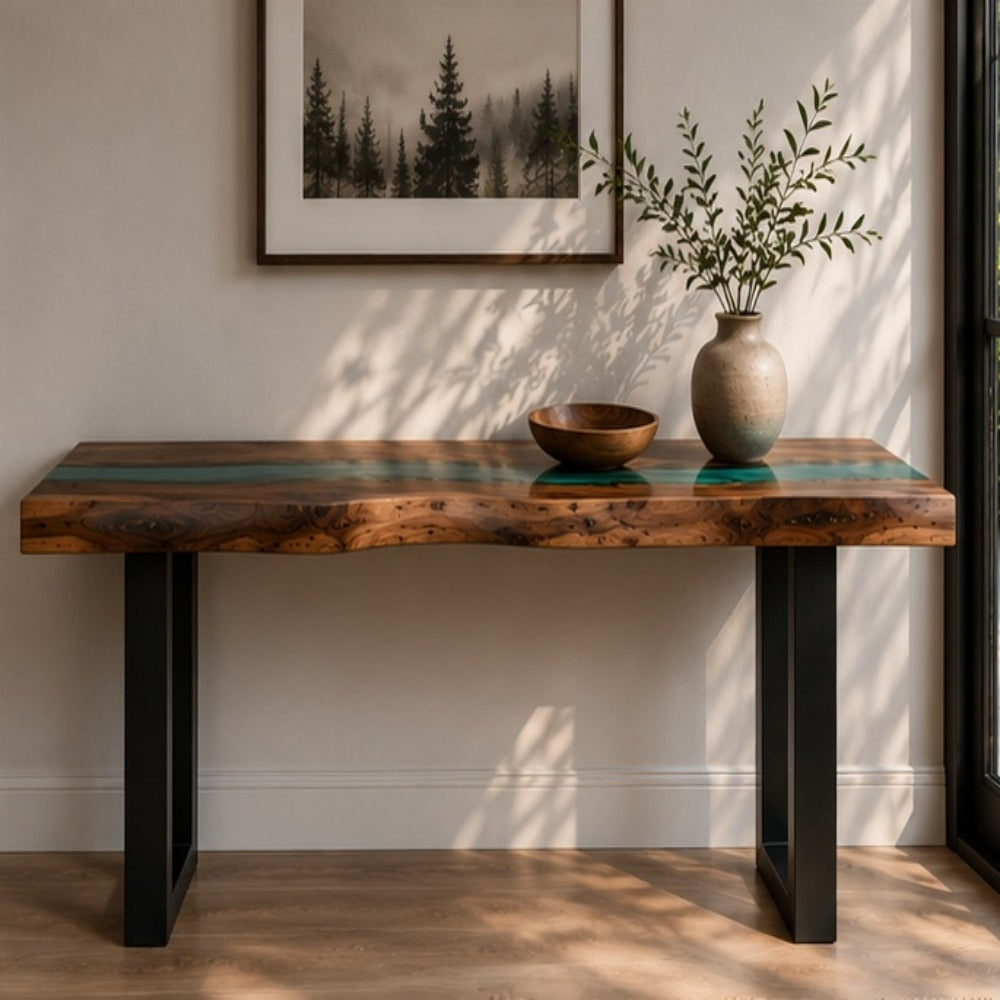 Modern entryway console table featuring walnut grain and green epoxy river