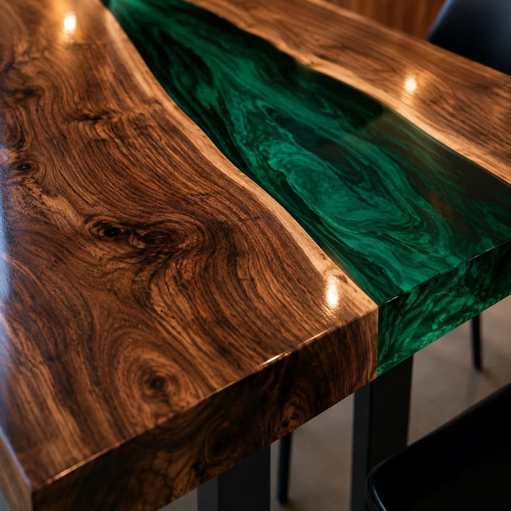 Modern custom epoxy dining table with natural walnut wood and green resin center
