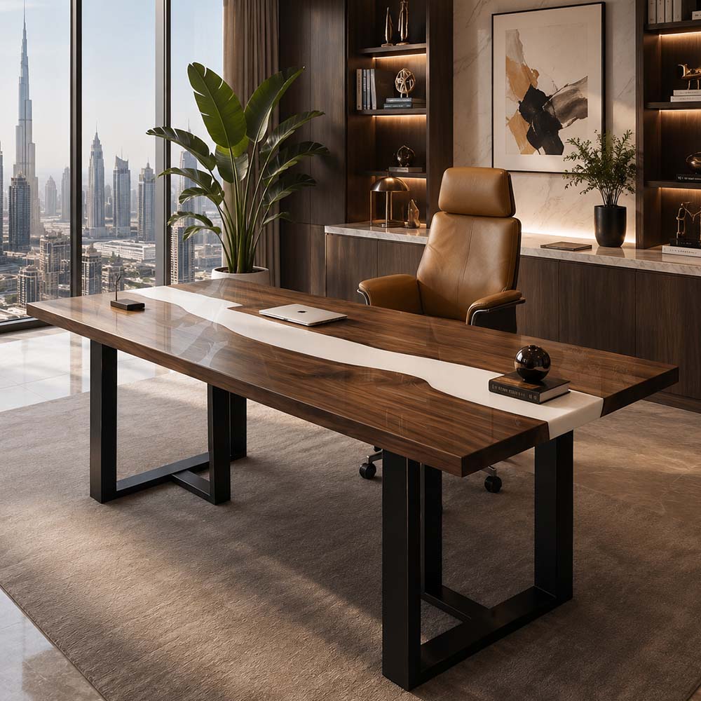 White epoxy cuts through the dark walnut surface, giving the table a lighter, more architectural look while preserving the natural grain and solid wood character
