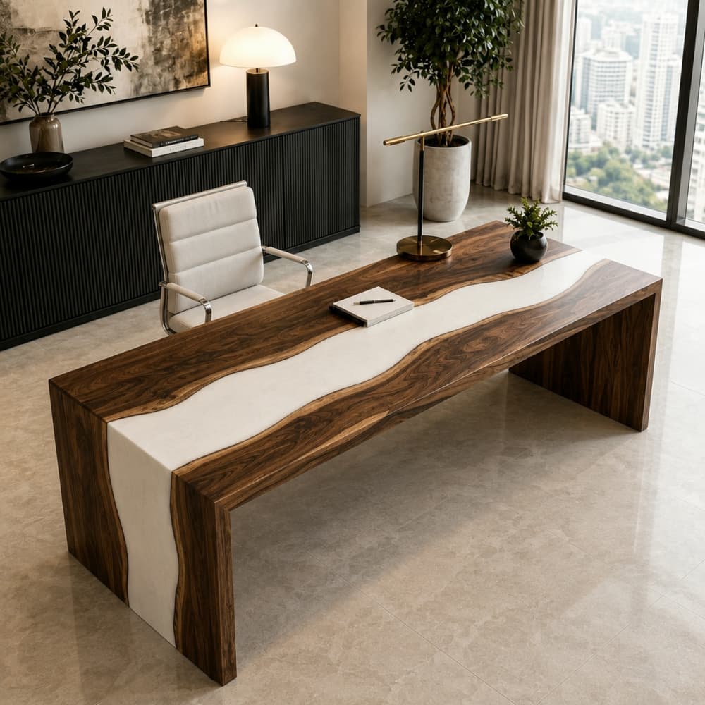 A luxury penthouse executive office featuring a custom American walnut desk with a solid white resin river and double waterfall edges
