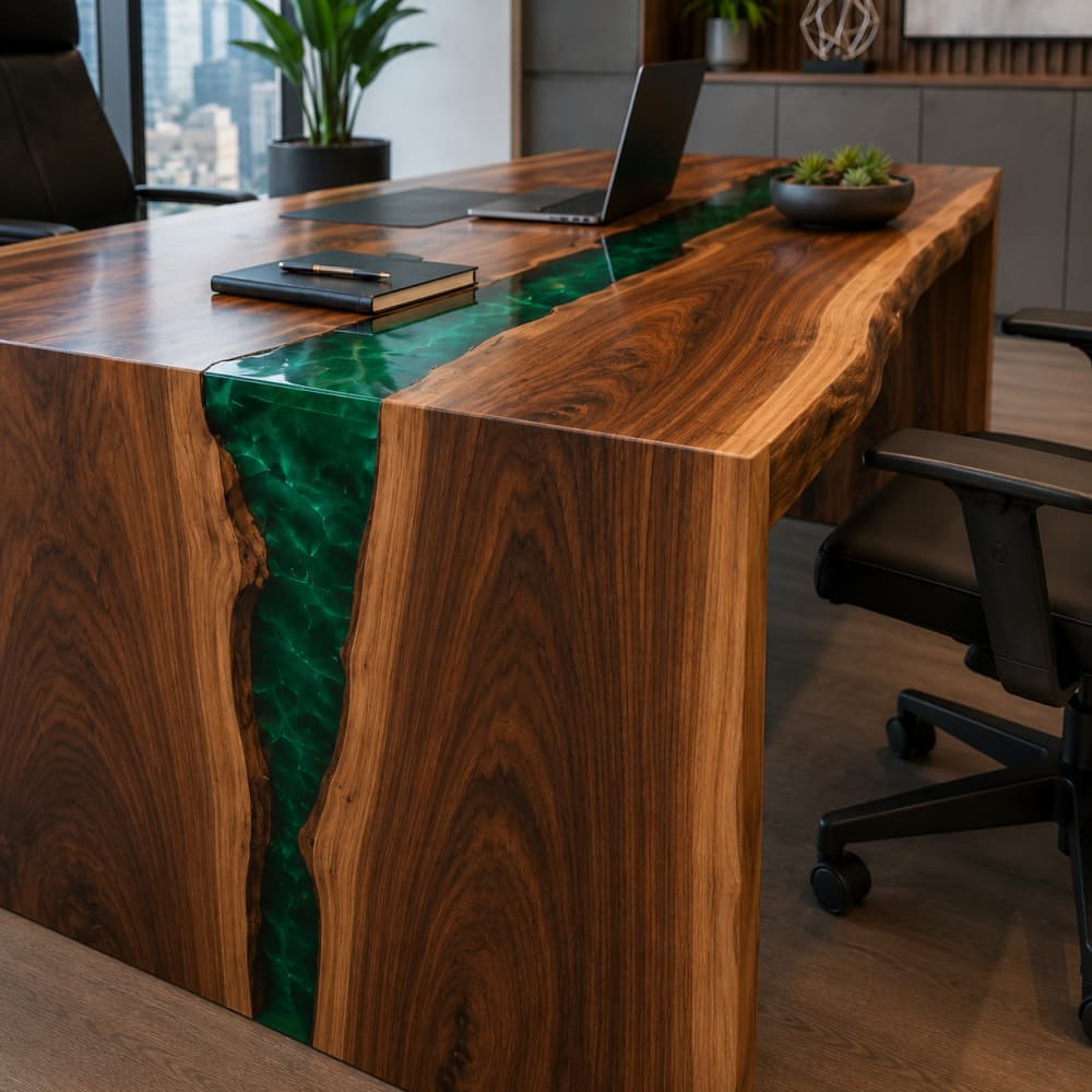 Bespoke walnut administrative desk featuring a unique green swirl resin river design