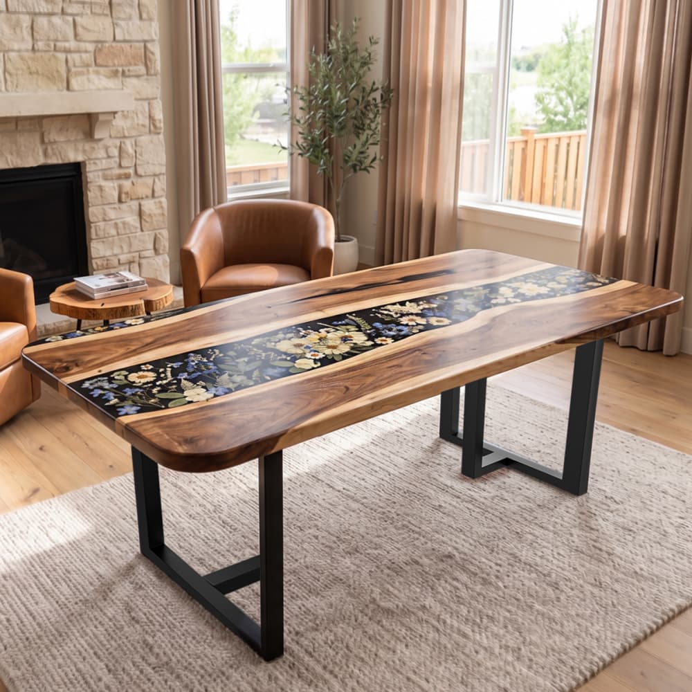 Unique modern farmhouse interior decor showcasing a dark resin and natural wood table decorated with organic plant life.