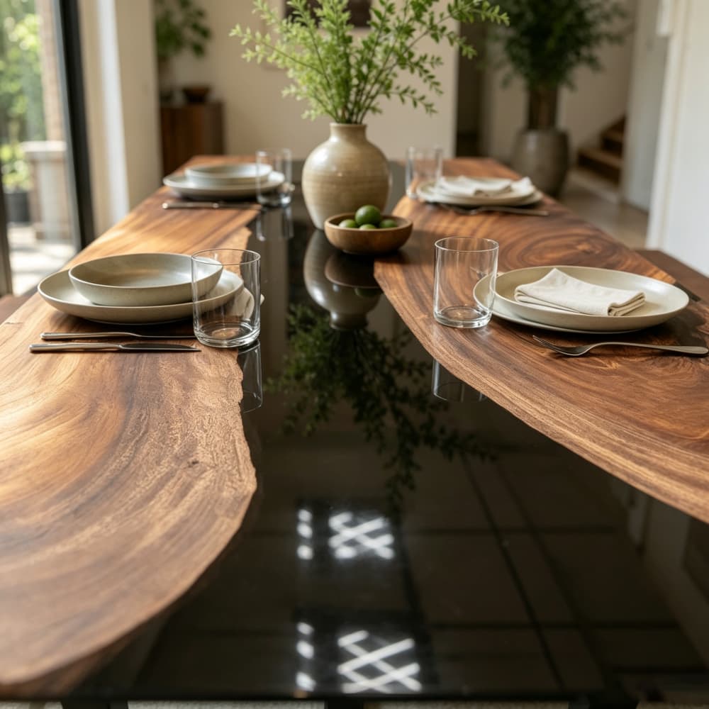 Aesthetic solid wood and black resin river table serving as the central statement piece in a contemporary open-concept home interior