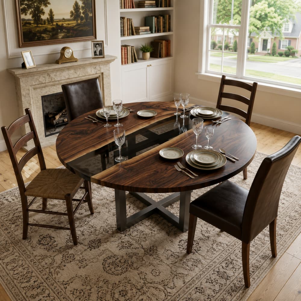 High-end contemporary dining space featuring a custom handcrafted 6-seater round wood statement table