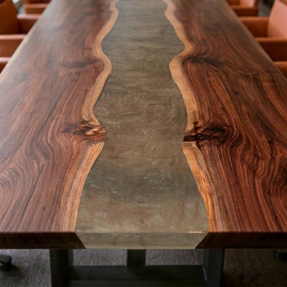 Modern black walnut conference table with gray epoxy resin river and square edge