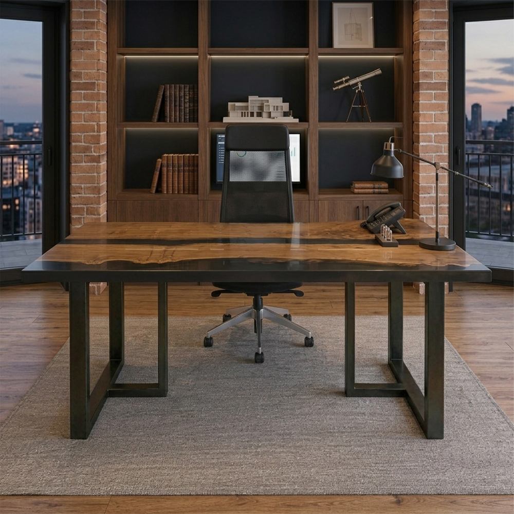 A minimalist home office space with a live-edge walnut and resin creative desk