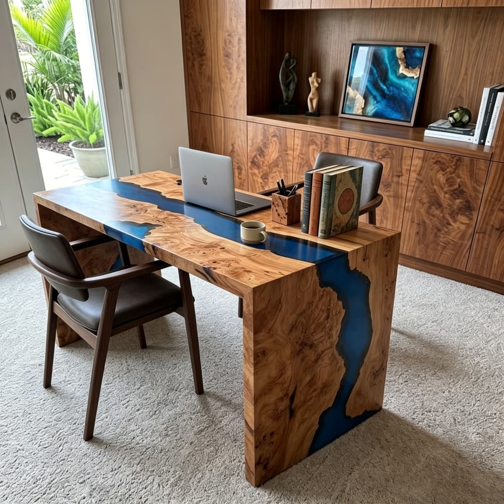 Custom poplar wood and navy blue resin desk styled in a bright home office with modern furniture