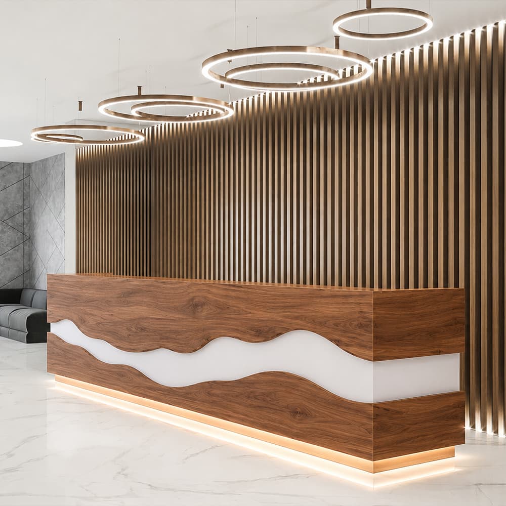 Modern walnut and white resin reception desk for hotel lobby design