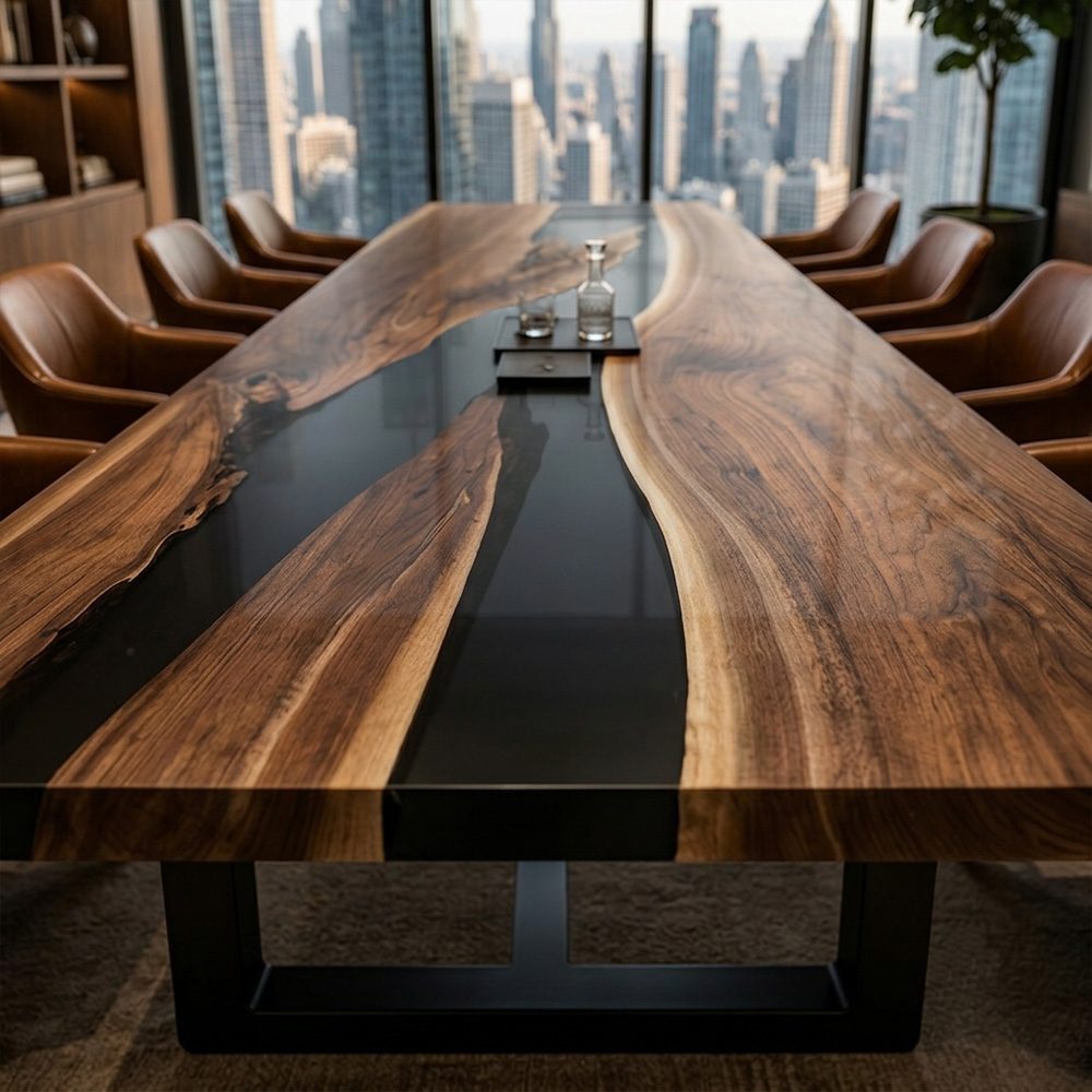 Sturdy industrial metal base supporting a premium walnut and epoxy conference table