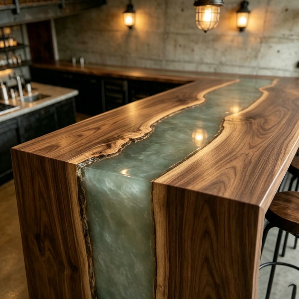 Modern home bar design showcasing a walnut and swirling silver resin river
