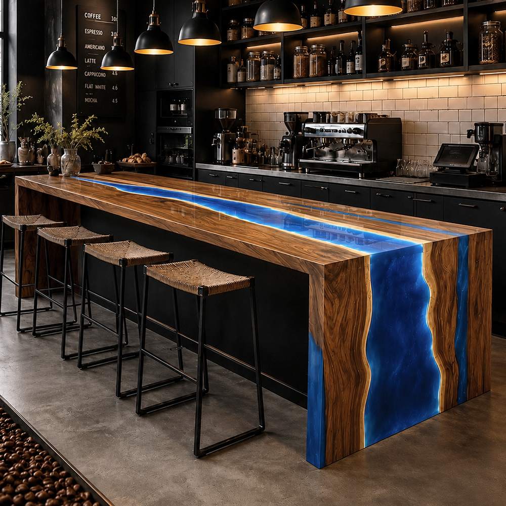 Modern kitchen space with a statement glowing blue resin and walnut island