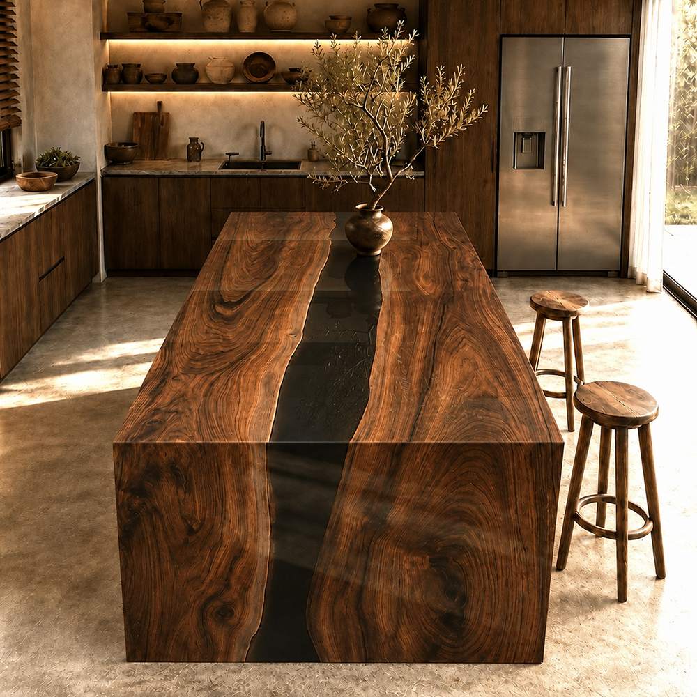Luxury kitchen interior featuring a statement walnut and black resin island