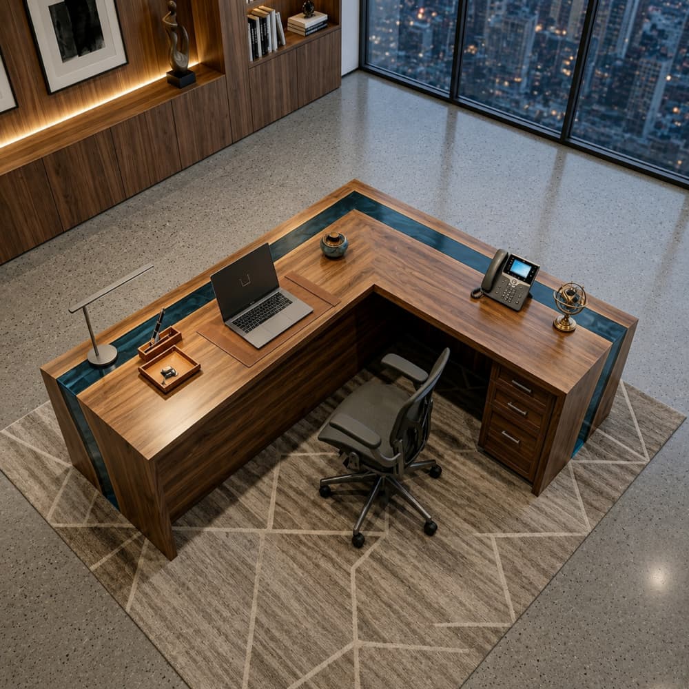 Professional L-shaped meeting desk designed for modern executive office interiors
