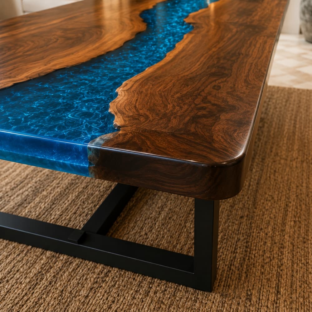 Large scale modern resin river table featuring flowing blue epoxy design for boardroom