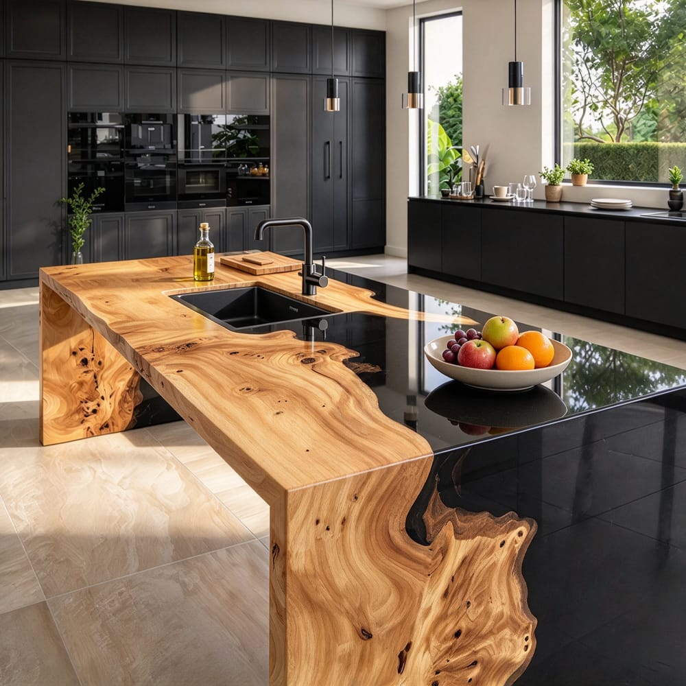 Modern luxury poplar burl epoxy kitchen island stunning focal point for high-end residential kitchen renovation projects