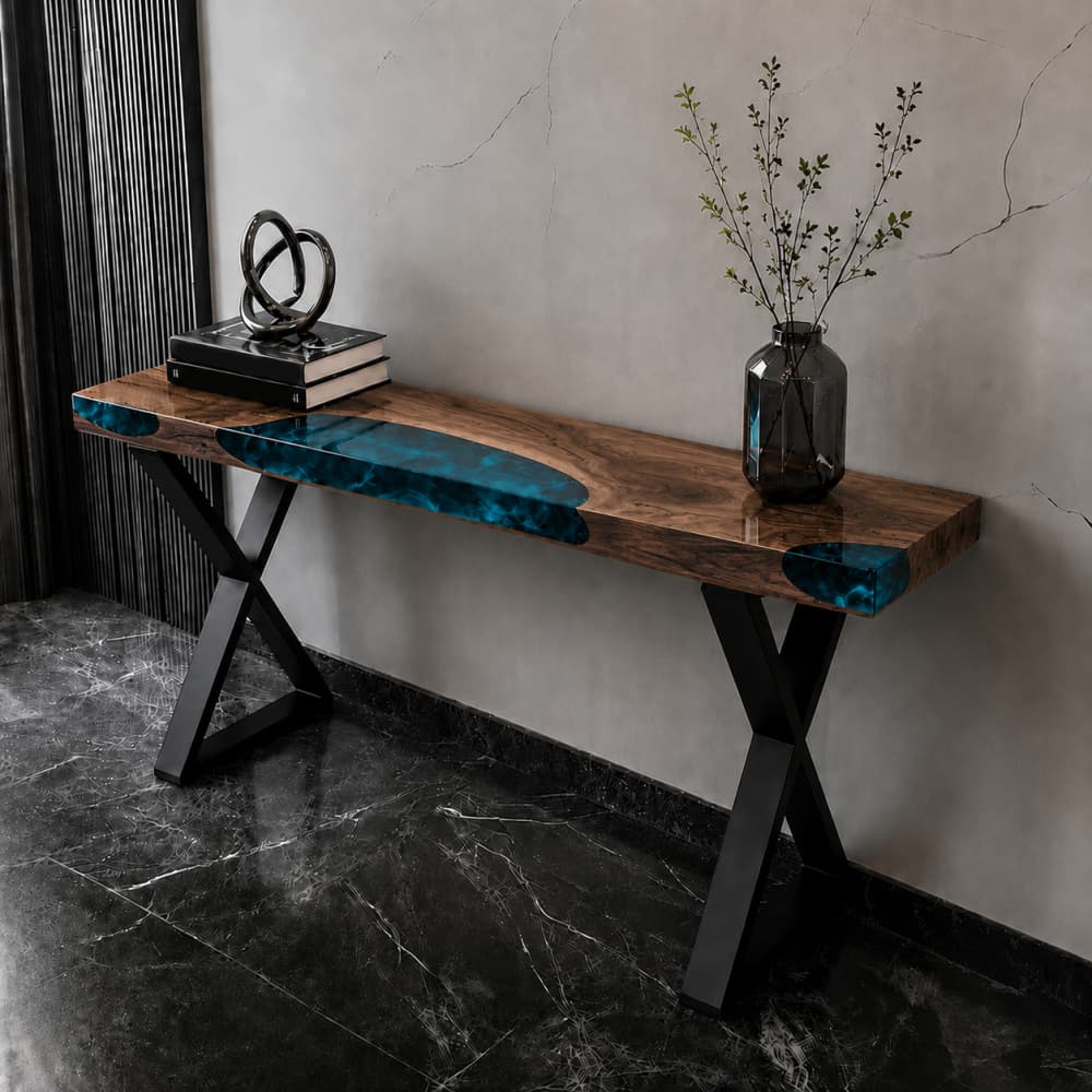 Designer black walnut epoxy console table with navy blue resin artistic flow for interior decor