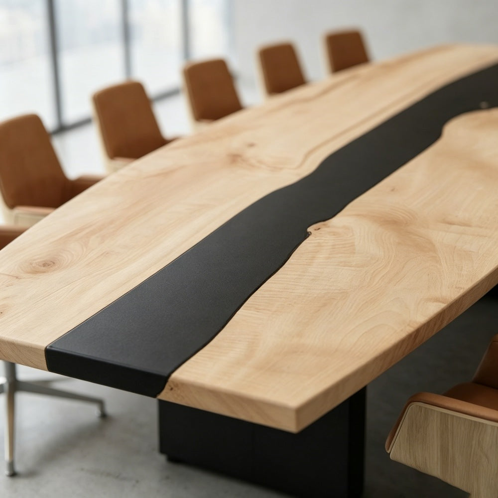 Maple wood boat-shaped epoxy conference table with black resin river in a modern high-rise boardroom