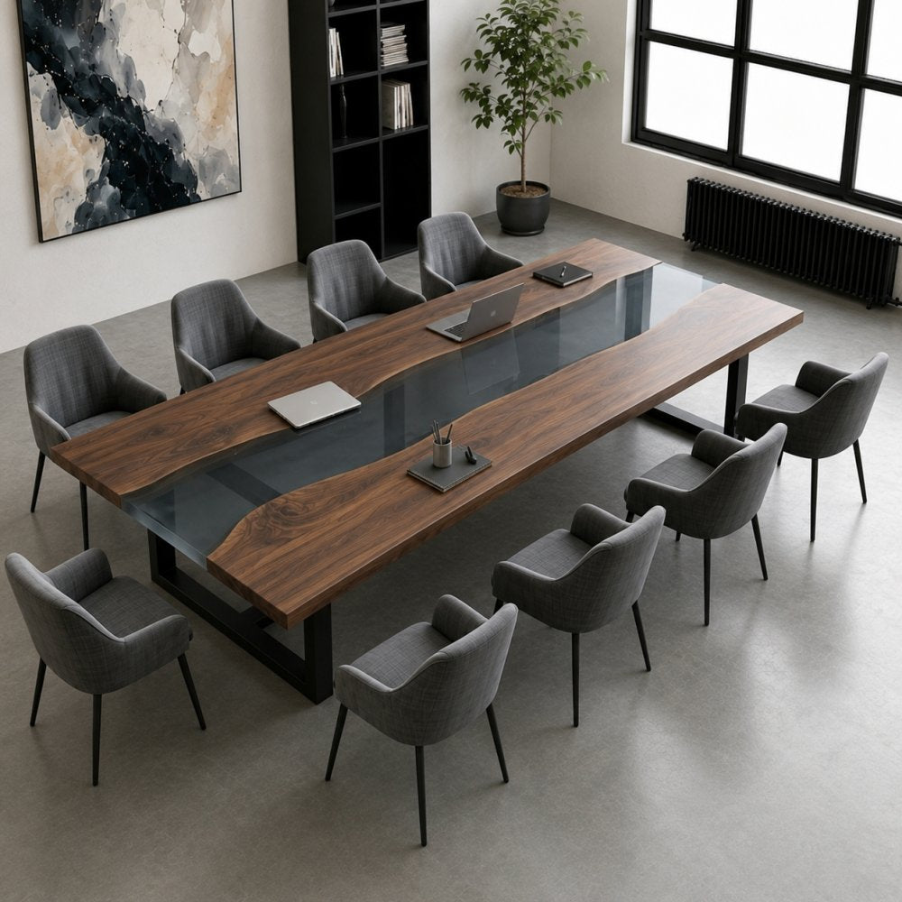 Sleek office meeting room design featuring a custom walnut resin table surrounded by matching mid-century modern gray fabric executive chairs