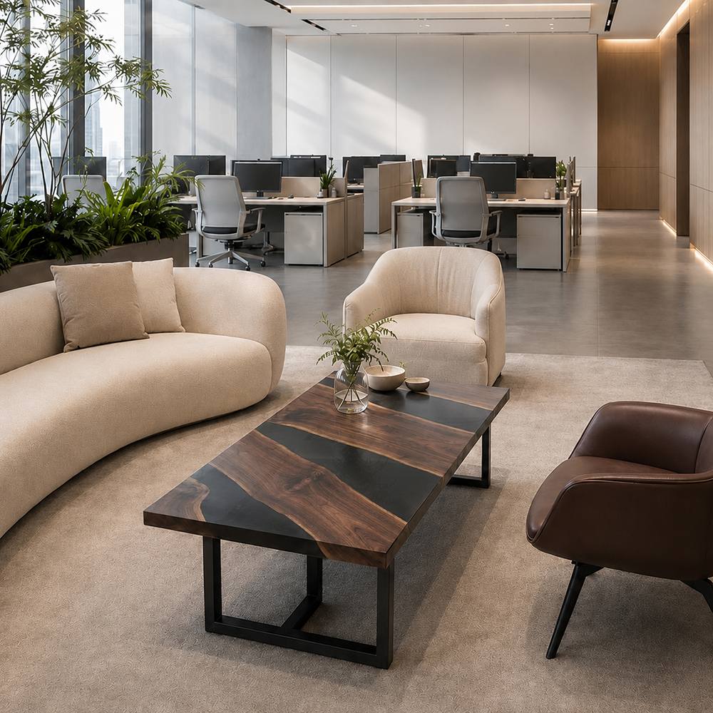 Contemporary minimalist walnut and black epoxy coffee‑table used inside high‑end residential living‑room interior‑design