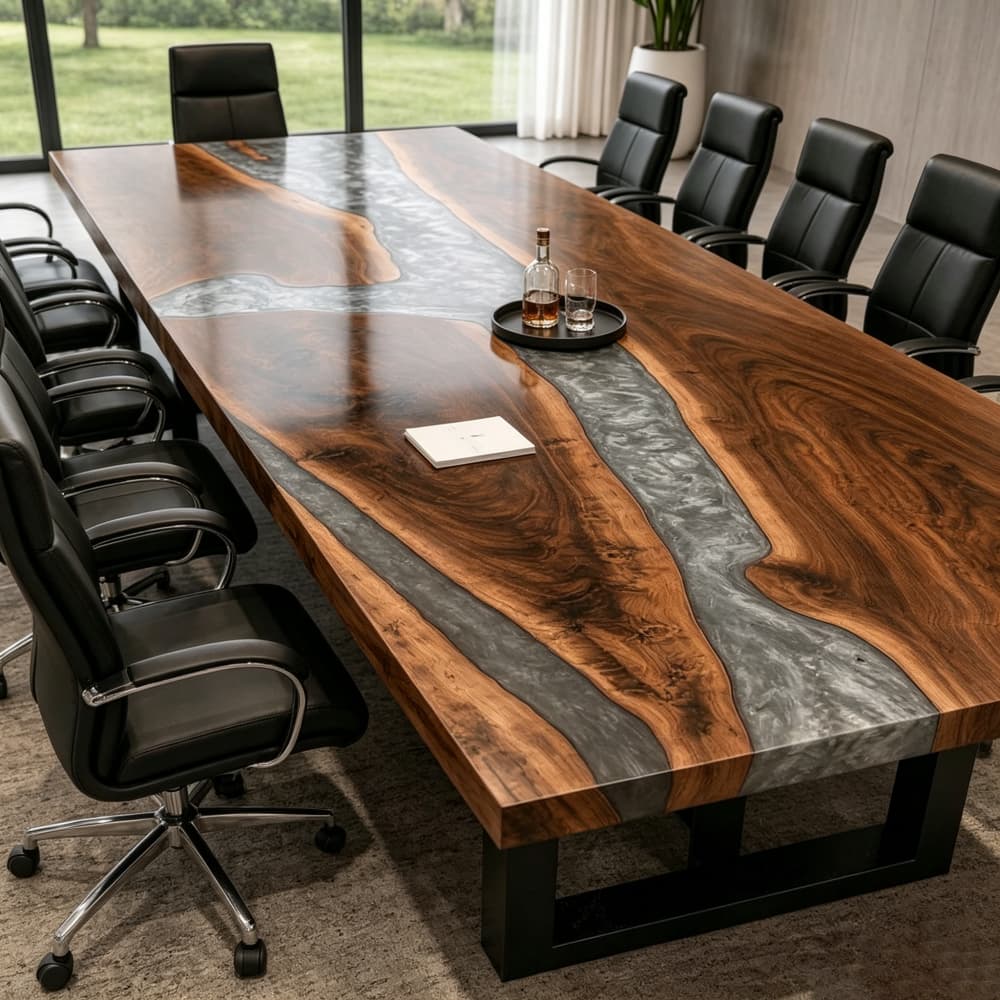 A long custom walnut and silver epoxy boardroom table decorated with a luxury serving tray, glasses, and a notebook in a high-end office