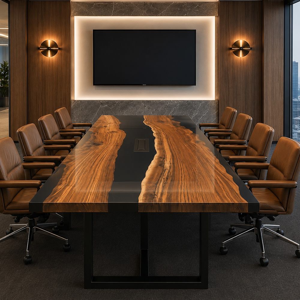 High-tech conference table showcasing seamless concealed cable routing for modern offices