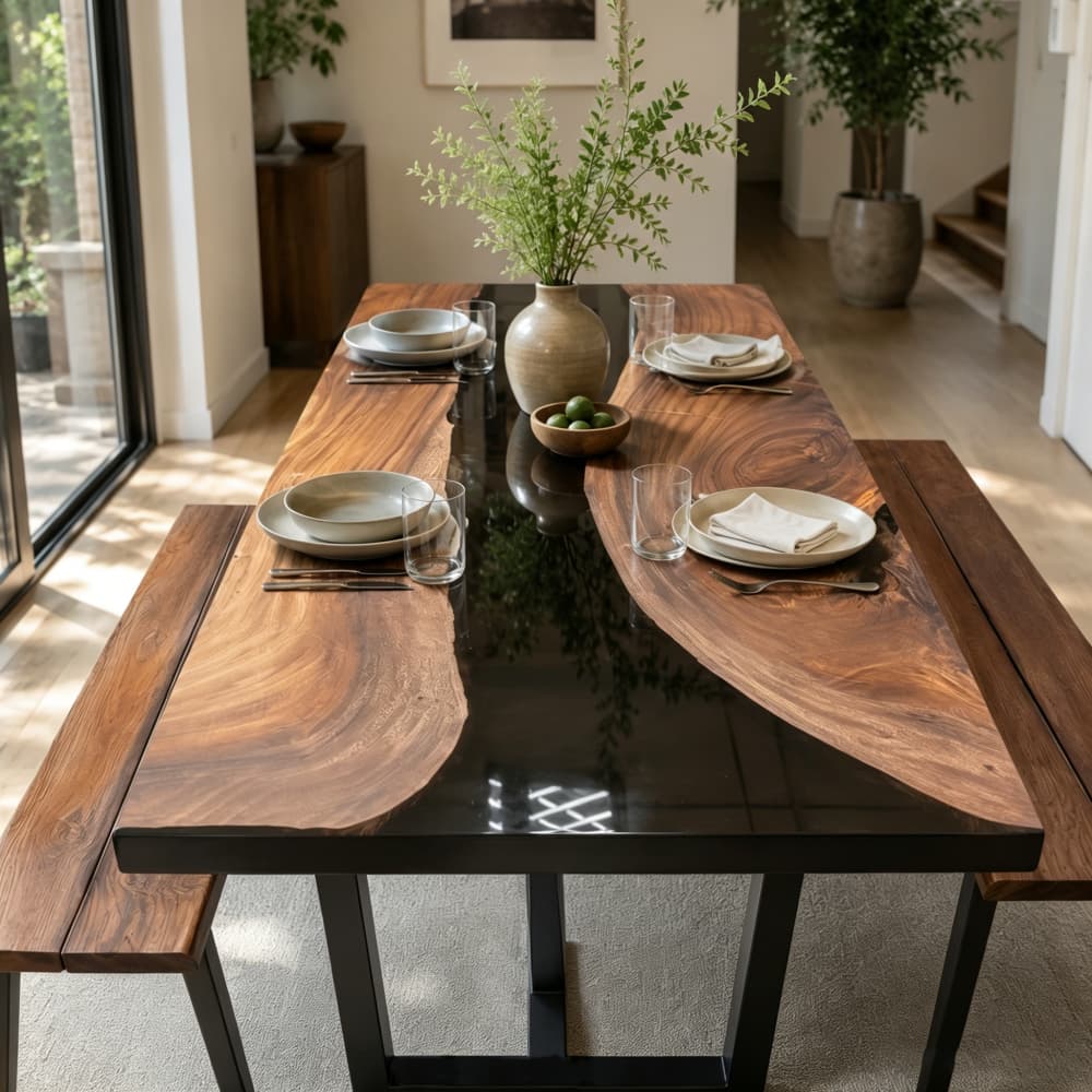 Premium live edge walnut dining table with a glossy black resin river, complete with matching wooden benches in a bright, plant-filled dining room