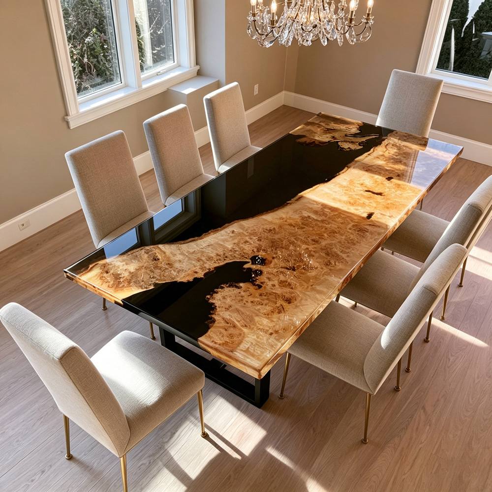 Contemporary dining furniture crafted from figured poplar wood with a sleek black resin inlay and minimalist styling