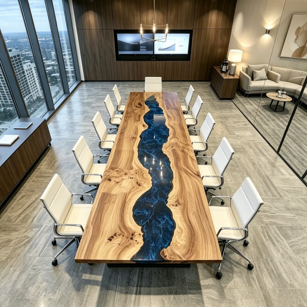 Contemporary poplar wood conference table with a vibrant blue epoxy resin river