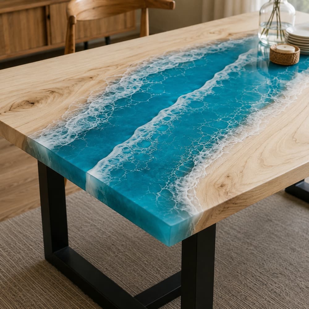 White wave ocean resin dining table made from poplar wood for a casual family dining space